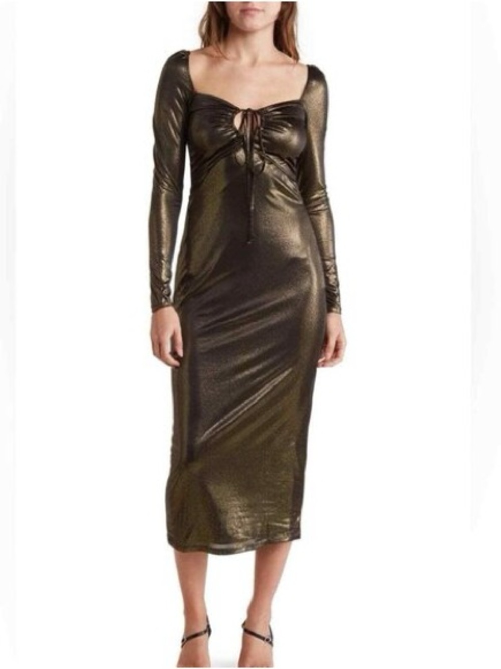 *NWT* NSR Women’s Metallic Gold and Black Cutout Long Sleeve Midi Dress, Large